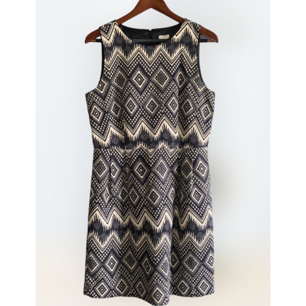 J Crew Black & Cream IKAT Print Sleeveless Sheath Office Dress 10